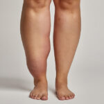 Mulher com acúmulo visível de gordura nas pernas, representando os sinais típicos do lipedema, como desproporção corporal, inchaço e sensibilidade