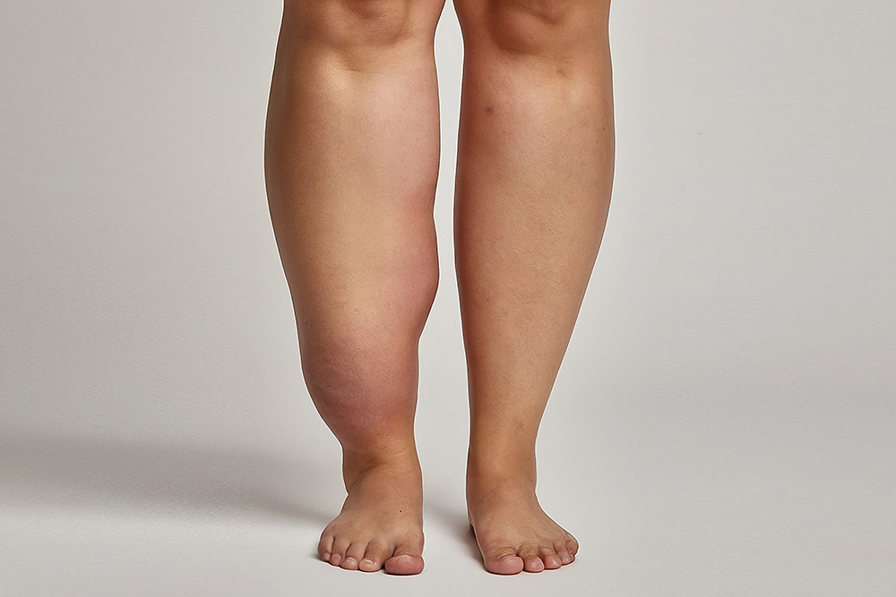 Mulher com acúmulo visível de gordura nas pernas, representando os sinais típicos do lipedema, como desproporção corporal, inchaço e sensibilidade